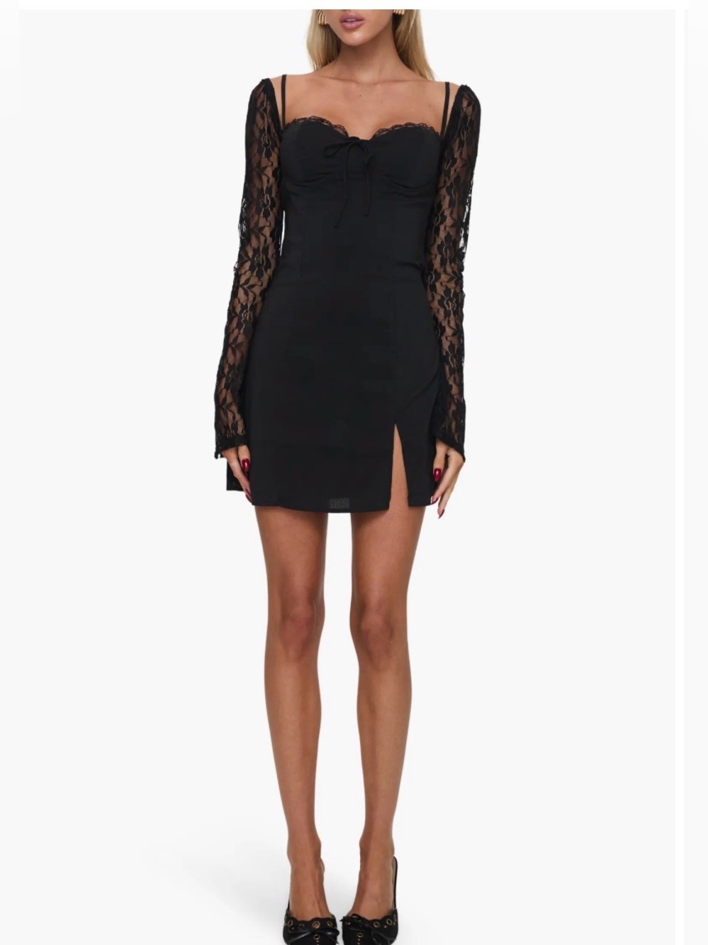 Princess Polly Black Lace-Sleeve Sweetheart Mini Dress